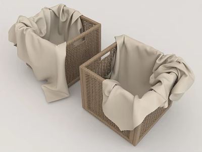 Set Of Two Wicker Storage Baskets With Beige Linen Cloth For Home Organization 3d model