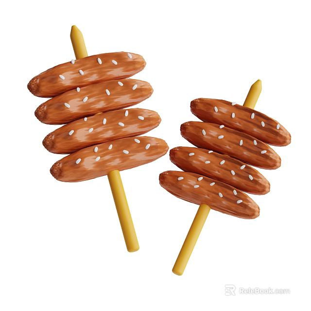 Delicious Golden Grilled Sausages Skewered On Bamboo Sticks With Sesame Seeds 3d model 