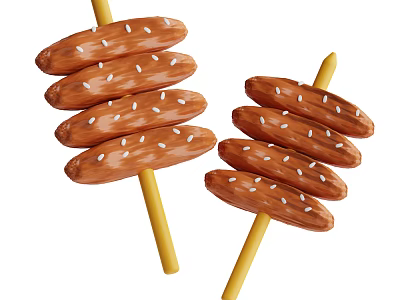 Delicious Golden Grilled Sausages Skewered On Bamboo Sticks With Sesame Seeds 3d model