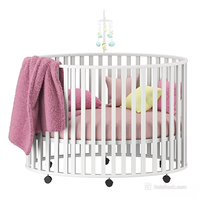 White Round Children's Bed With Pink Mattress Colorful Pillows Pink Blanket And Baby Mobile 3d model 