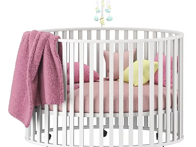 White Round Children's Bed With Pink Mattress Colorful Pillows Pink Blanket And Baby Mobile 3d model