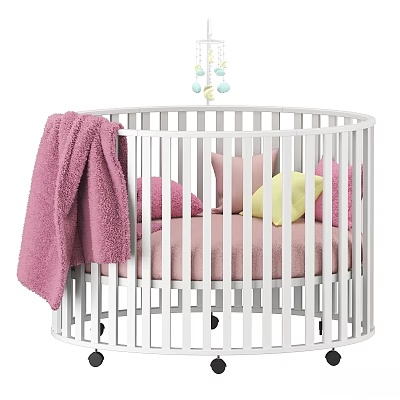 White Round Children's Bed With Pink Mattress Colorful Pillows Pink Blanket And Baby Mobile 3d model