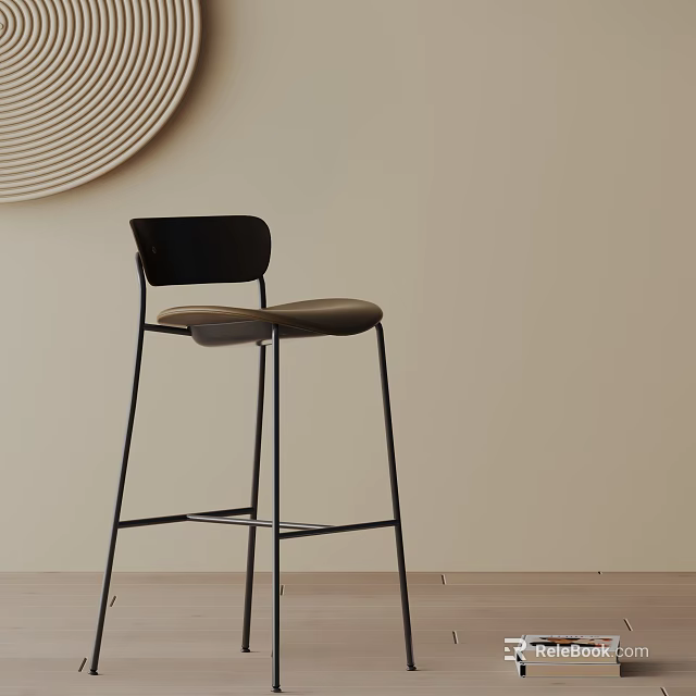 Stylish Black Backrest Bar Stool With Brown Seat And Metal Frame On Beige Wall 3d model 