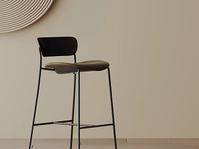 Stylish Black Backrest Bar Stool With Brown Seat And Metal Frame On Beige Wall 3d model