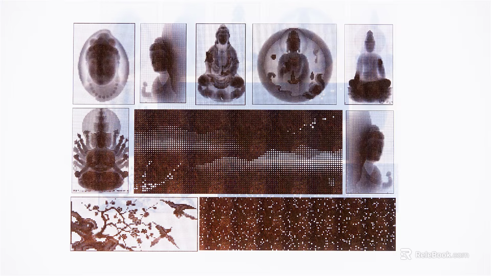 Artistic Background Wall With Buddha Statues Grid Pattern And Textured Design 3d model