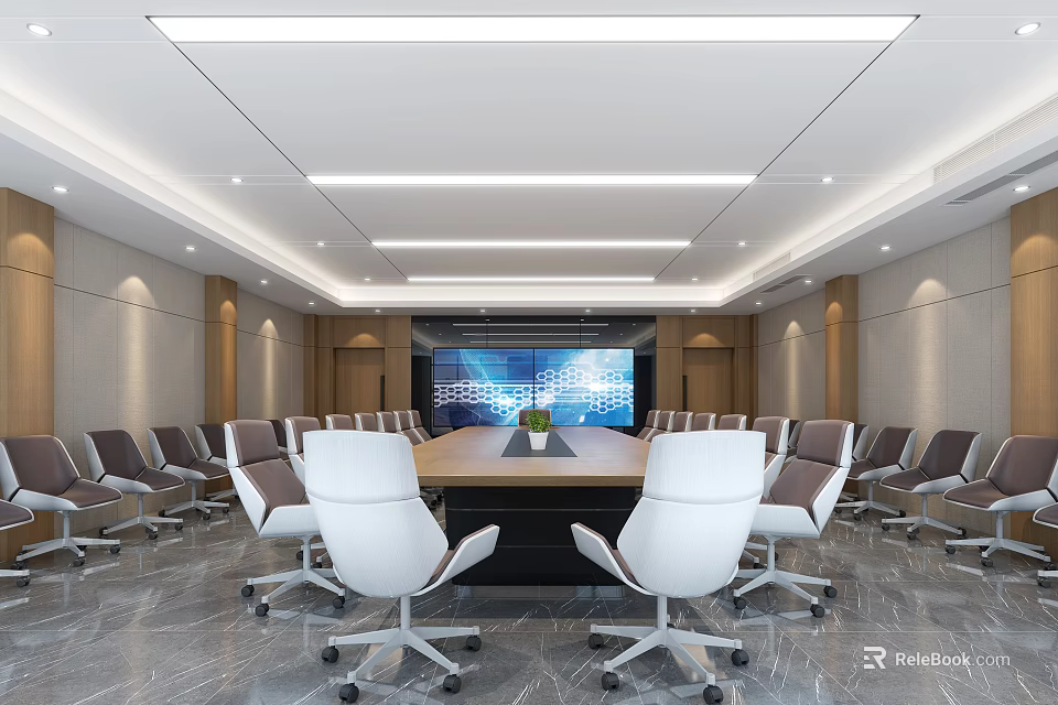Modern Conference Room Interior Design With Long Table White Chairs Large Screen And Strip Lighting 3d model 
