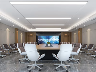 Modern Conference Room Interior Design With Long Table White Chairs Large Screen And Strip Lighting 3d model