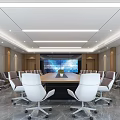 Modern Conference Room Interior Design With Long Table White Chairs Large Screen And Strip Lighting