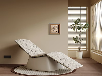 Elegant Lounge Chair With Patterned Surface On Round Rug By Window Plant And Wall Art 3d model