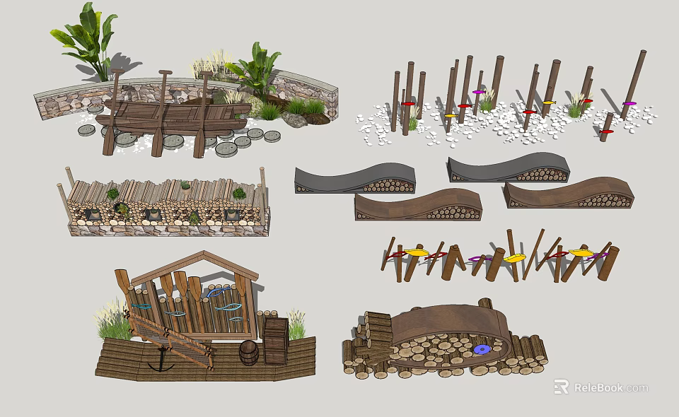Creative Garden Decorative Elements With Wooden Structures Stones And Green Plants 3d model