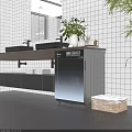 Modern Stainless Steel Bathroom Vanity Cabinet with Display Screen Double Sink and White Tile Wall