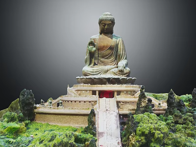 Ancient Architecture Buddha Statue with Stone Base Surrounding Green Vegetation and Steps 3d model