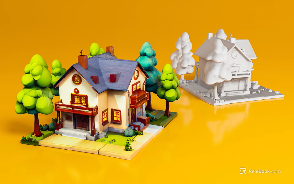Cartoon Scene With Colorful House Green Trees And White Model House 3d model 