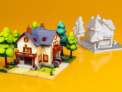 Cartoon Scene With Colorful House Green Trees And White Model House 3d model