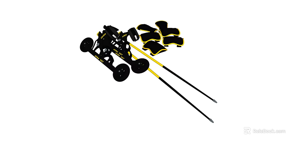 Black And Yellow Sports Equipment With Cart Wheels Long Poles And Protective Pads 3d model 