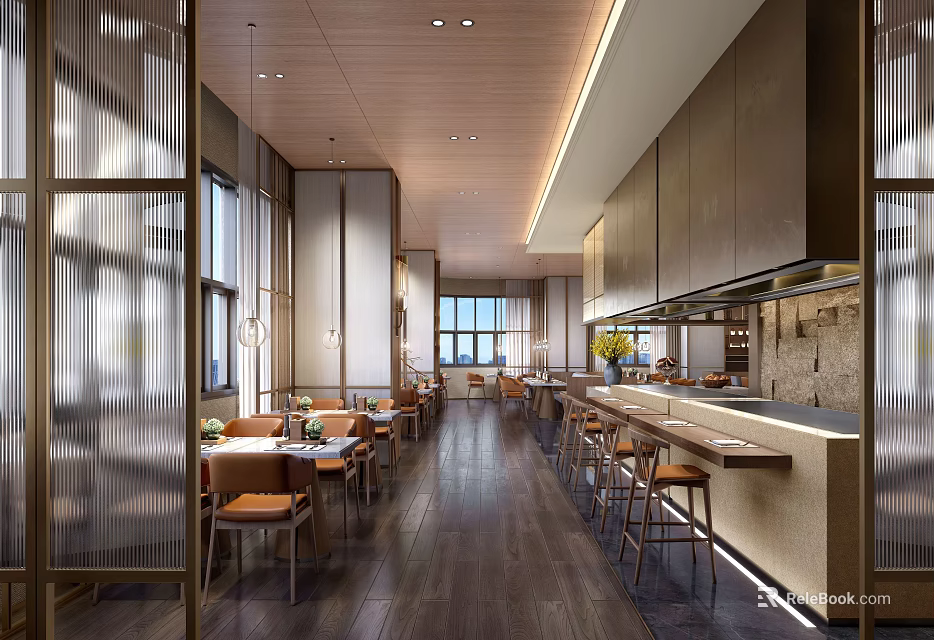 Elegant Modern Kitchen Interior With Marble Counter And Dining Seats 3d model