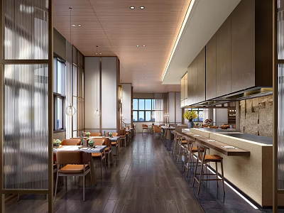 Elegant Modern Kitchen Interior With Marble Counter And Dining Seats 3d model