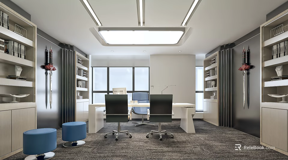Modern Office Interior With Spacious Desk Ergonomic Chairs And Large Windows 3d model