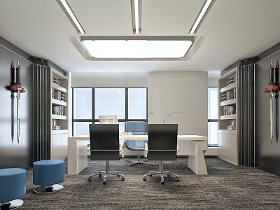Modern Office Interior With Spacious Desk Ergonomic Chairs And Large Windows 3d model