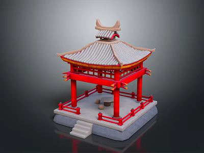 Traditional Chinese Pavilion With Red Pillars Tile Roof And Stone Base Design 3d model