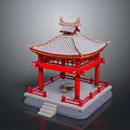 Traditional Chinese Pavilion With Red Pillars Tile Roof And Stone Base Design