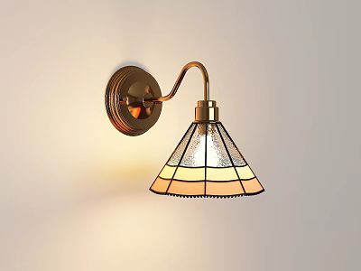 Vintage Brass Wall Lamp With Curved Arm And Stained Glass Shade Illuminating Room 3d model