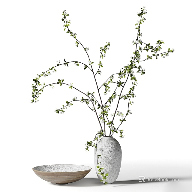 Minimalist White Vase With Green Leafy Branches And Fresh Floral 3d model 