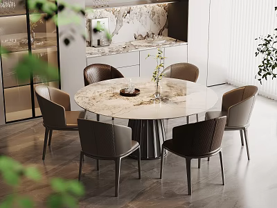 Modern Interior Dining Table Set With Round Marble Top Leather Chairs And Decorative Vase 3d model