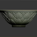 Carved Ceramic Bowl With Intricate Lotus Patterns Light Green Glaze and Visible Edge Crack