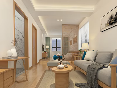 Cozy Double Bed Bedroom Interior With Wooden Furniture And Soft Pillows And Wall Art 3d model