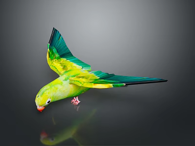 Green and yellow parrot bowing head with partially spread wings standing on reflective dark background 3d model