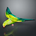 Green and yellow parrot bowing head with partially spread wings standing on reflective dark background