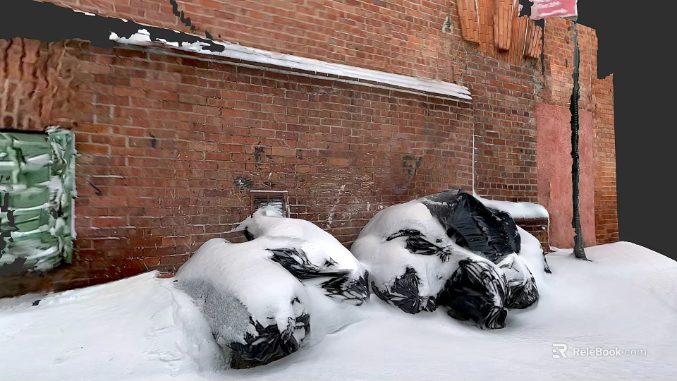 Urban Buildings With Red Brick Walls Snow Covered Black Plastic Bags on Ground 3d model 