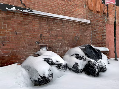 Urban Buildings With Red Brick Walls Snow Covered Black Plastic Bags on Ground 3d model