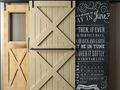 Wooden Barn Door With Cross Design Next To Chalkboard Wall With Written Text 3d model