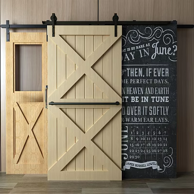 Wooden Barn Door With Cross Design Next To Chalkboard Wall With Written Text 3d model