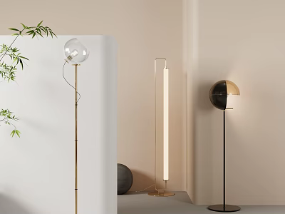 Modern Floor Lamps With Varied Shapes In Minimalist Setting And Green Plants 3d model