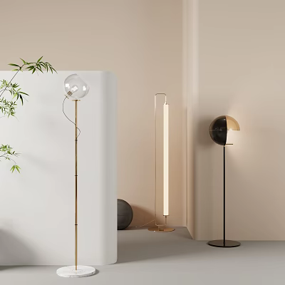 Modern Floor Lamps With Varied Shapes In Minimalist Setting And Green Plants 3d model