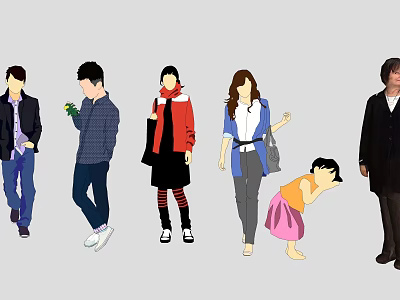 Group of People in Various Outfits Holding Items and Different Poses Including Adults and Child 3d model