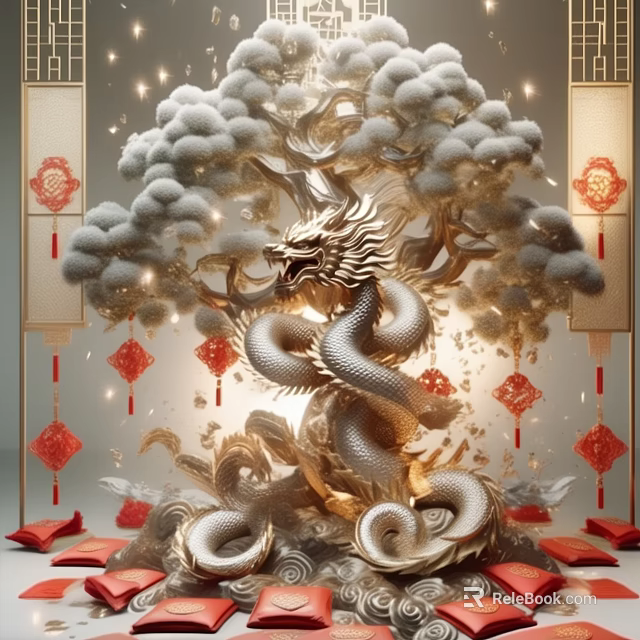 Chinese Traditional Golden Dragon Ornament With Pine Tree Red Lanterns And Fortune Characters 3d model 
