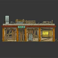 Cartoon Scene of Old Wooden Shop with Sale Sign Green Roof and Stone Path