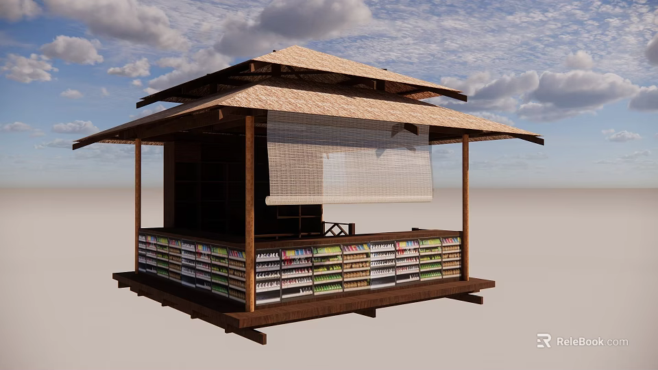 Japanese Style Pavilion Featuring Thatched Roof Wooden Pillars Bamboo Screen And Shelves 3d model 