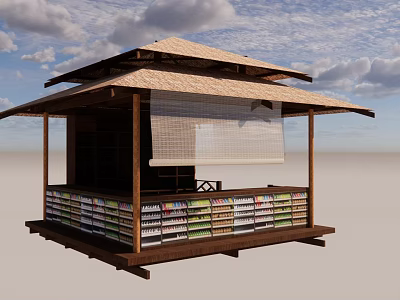 Japanese Style Pavilion Featuring Thatched Roof Wooden Pillars Bamboo Screen And Shelves 3d model