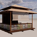 Japanese Style Pavilion Featuring Thatched Roof Wooden Pillars Bamboo Screen And Shelves