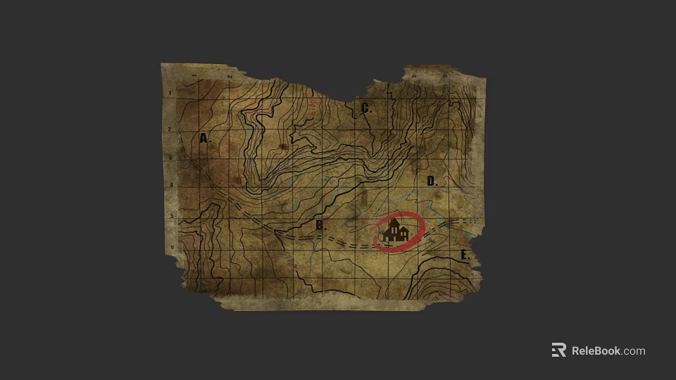 Old Gridded Map With Terrain Contour Lines And Red Marked Location 3d model 