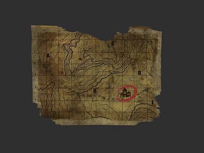 Old Gridded Map With Terrain Contour Lines And Red Marked Location 3d model