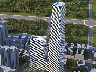 Aerial Urban Planning View With Tall Skyscraper Surrounding Buildings And Green Areas 3d model