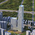 Aerial Urban Planning View With Tall Skyscraper Surrounding Buildings And Green Areas