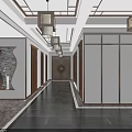 Elegant Modern Chinese Elevator Hallway Interior With Lantern Lights And Marble Flooring 3d model