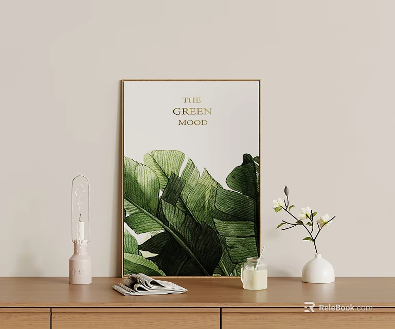 Abstract Green Leaves Painting The Green Mood With Vase Candle and Magazines Home Decor 3d model 